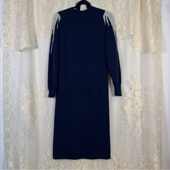 Vintage 80s Knit Sweater Dress Navy Blue Grey Long Sleeve Belted Size Medium - Picture 7 of 9
